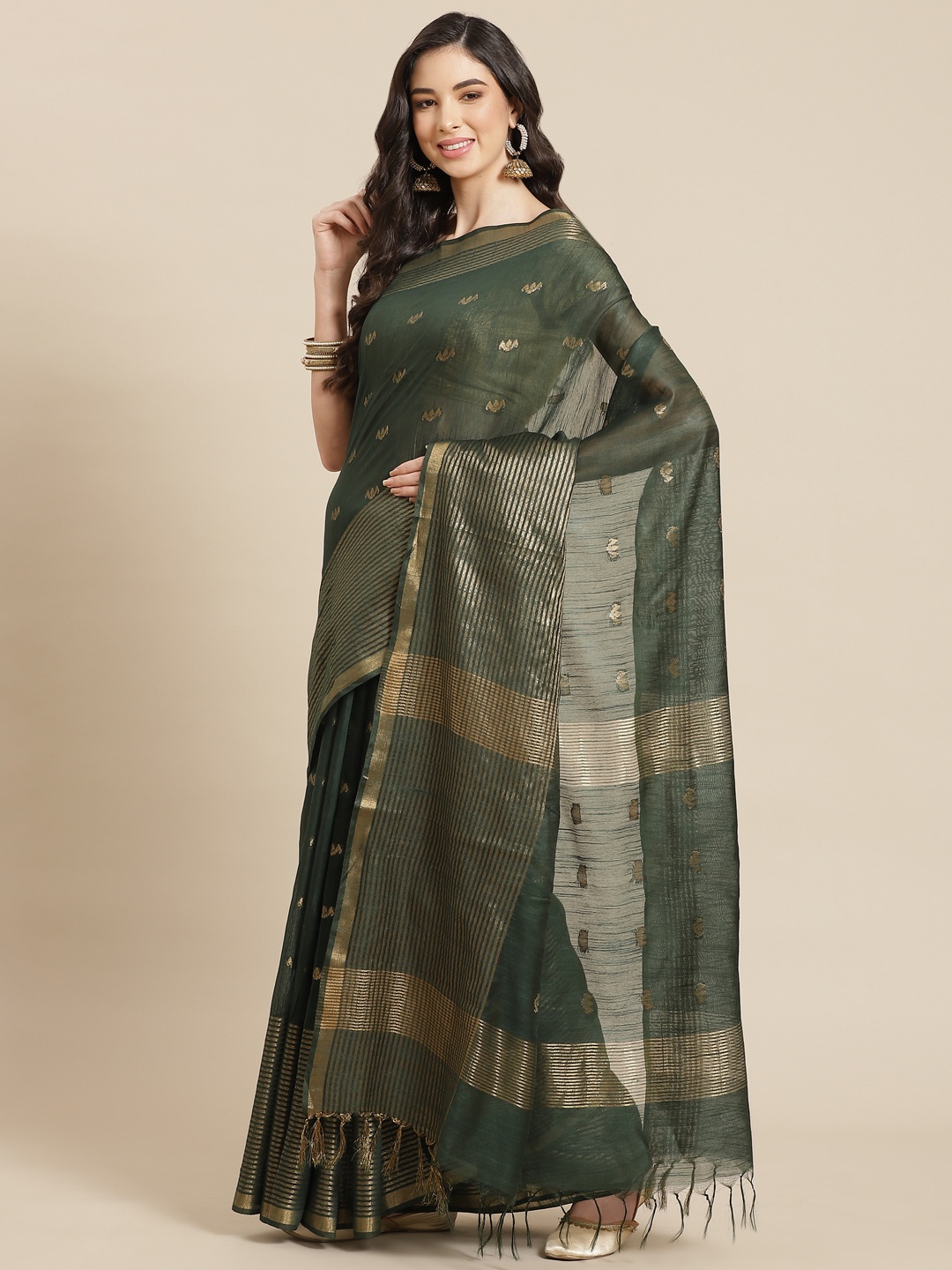 

swatika Green & Golden Zari Silk Blend Bhagalpuri Handloom Saree & Unstitched Blouse Piece