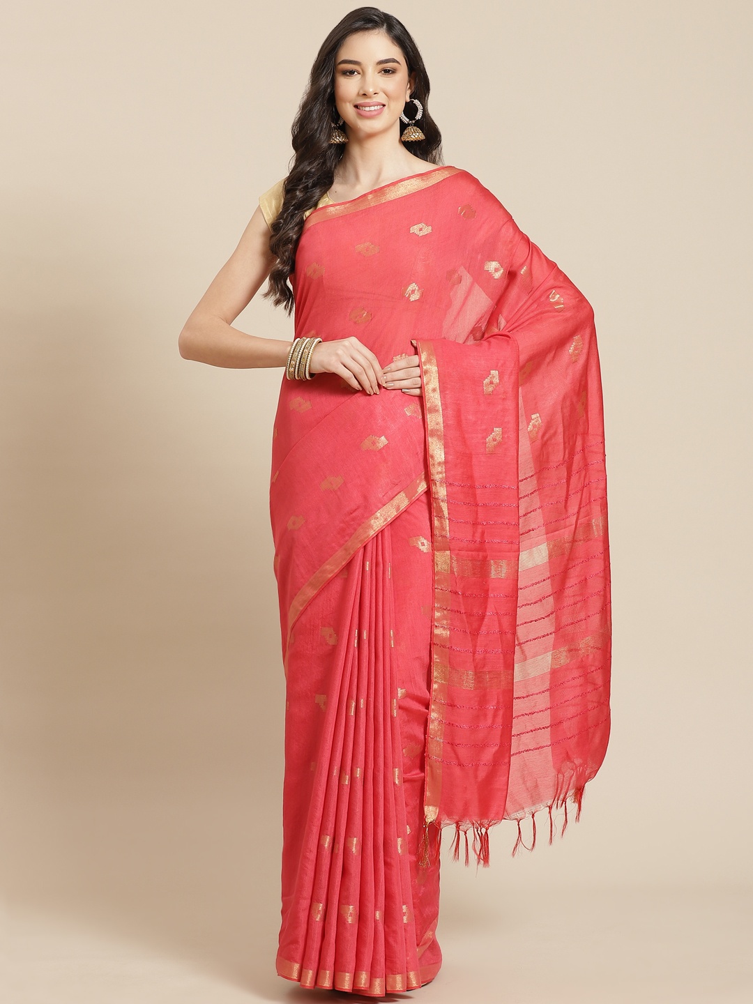 

swatika Peach-Coloured Zari Silk Blend Bhagalpuri Handloom Saree & Unstitched Blouse Piece