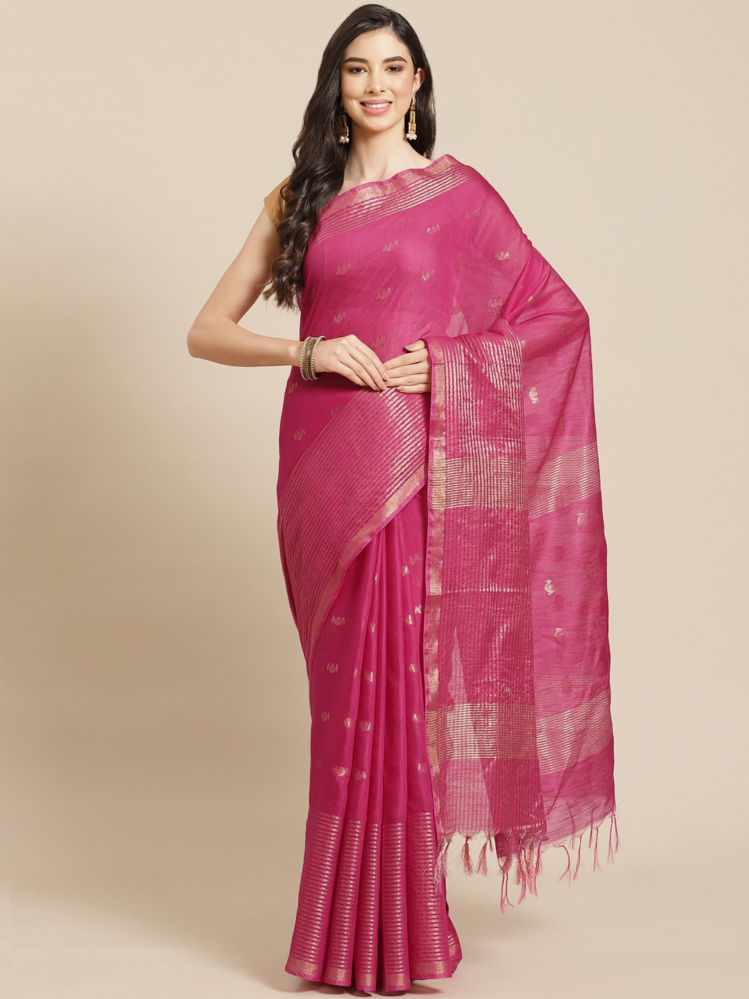 

swatika Pink & Golden Zari Silk Blend Bhagalpuri Handloom Saree & Unstitched Blouse Piece