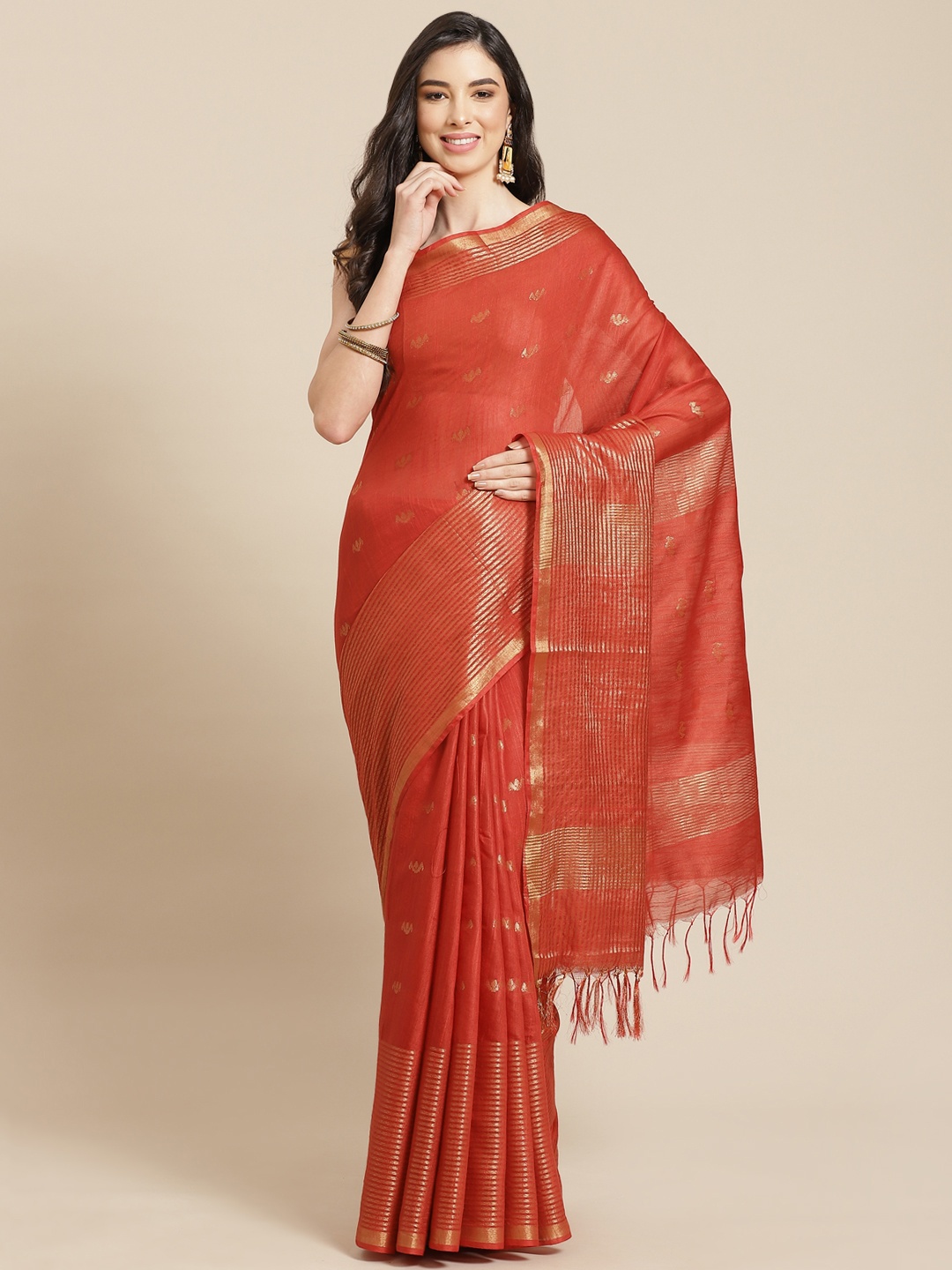 

swatika Red & Golden Zari Silk Blend Bhagalpuri Handloom Saree & Unstitched Blouse Piece