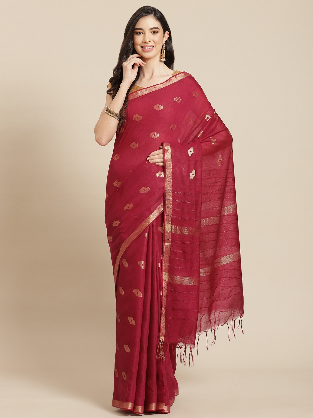 

swatika Maroon & Golden Ethnic Motifs Zari Silk Blend Bhagalpuri Saree