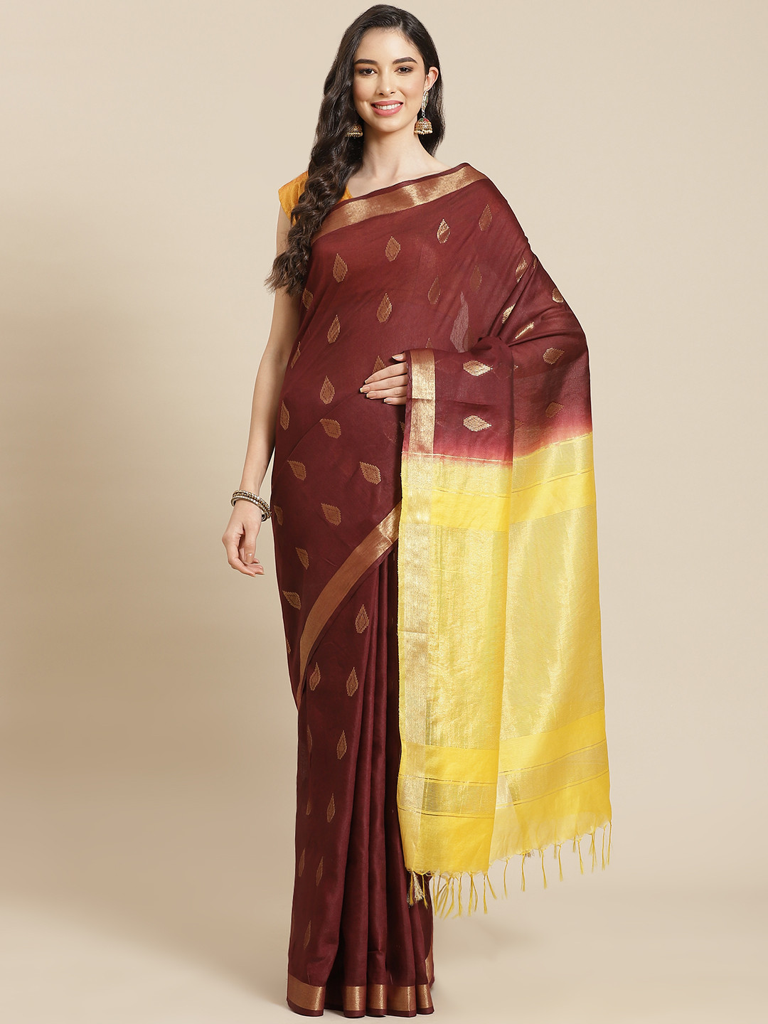 

swatika Brown & Yellow Ethnic Motifs Zari Silk Blend Bhagalpuri Saree