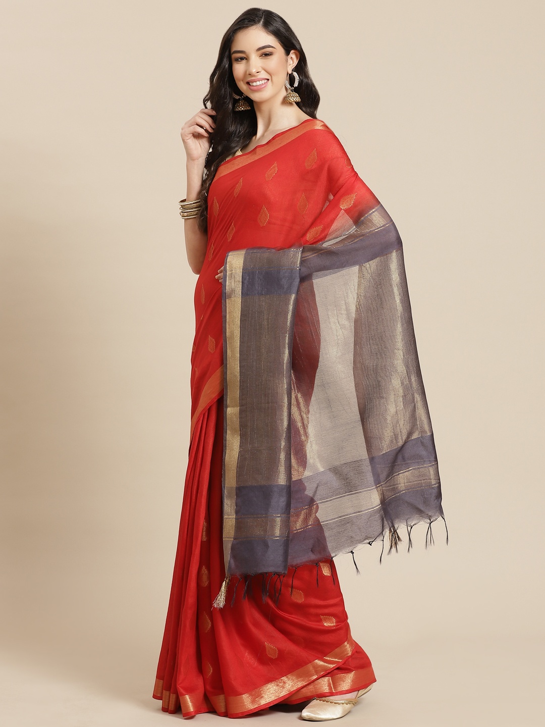 

swatika Red & Grey Zari Silk Blend Bhagalpuri Handloom Saree & Unstitched Blouse Piece