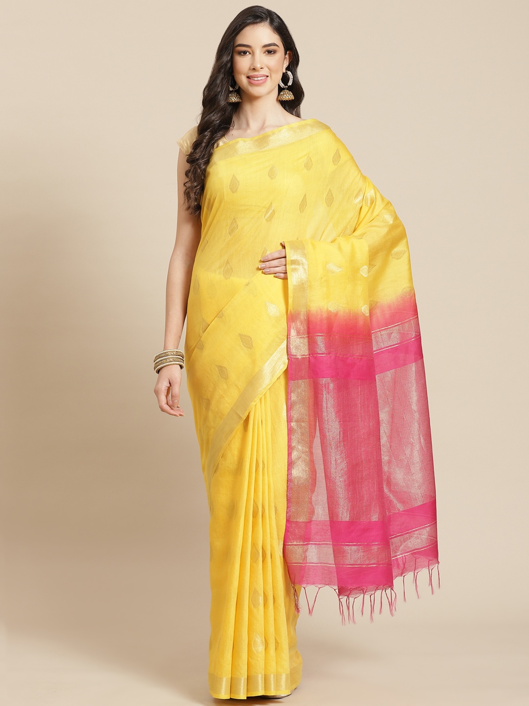 

swatika Yellow & Pink Zari Silk Blend Bhagalpuri Handloom Saree & Unstitched Blouse Piece