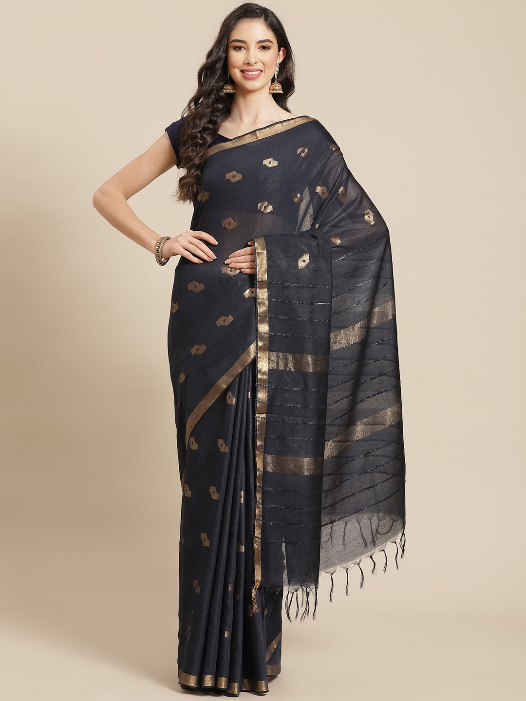

swatika Navy Blue & Golden Ethnic Motifs Zari Silk Blend Bhagalpuri Saree