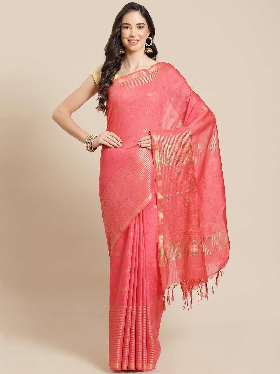 

swatika Peach-Coloured Zari Silk Blend Bhagalpuri Handloom Saree & Unstitched Blouse Piece