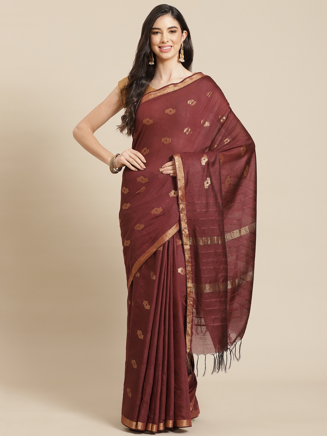 

swatika Brown & Golden Ethnic Motifs Zari Silk Blend Bhagalpuri Saree