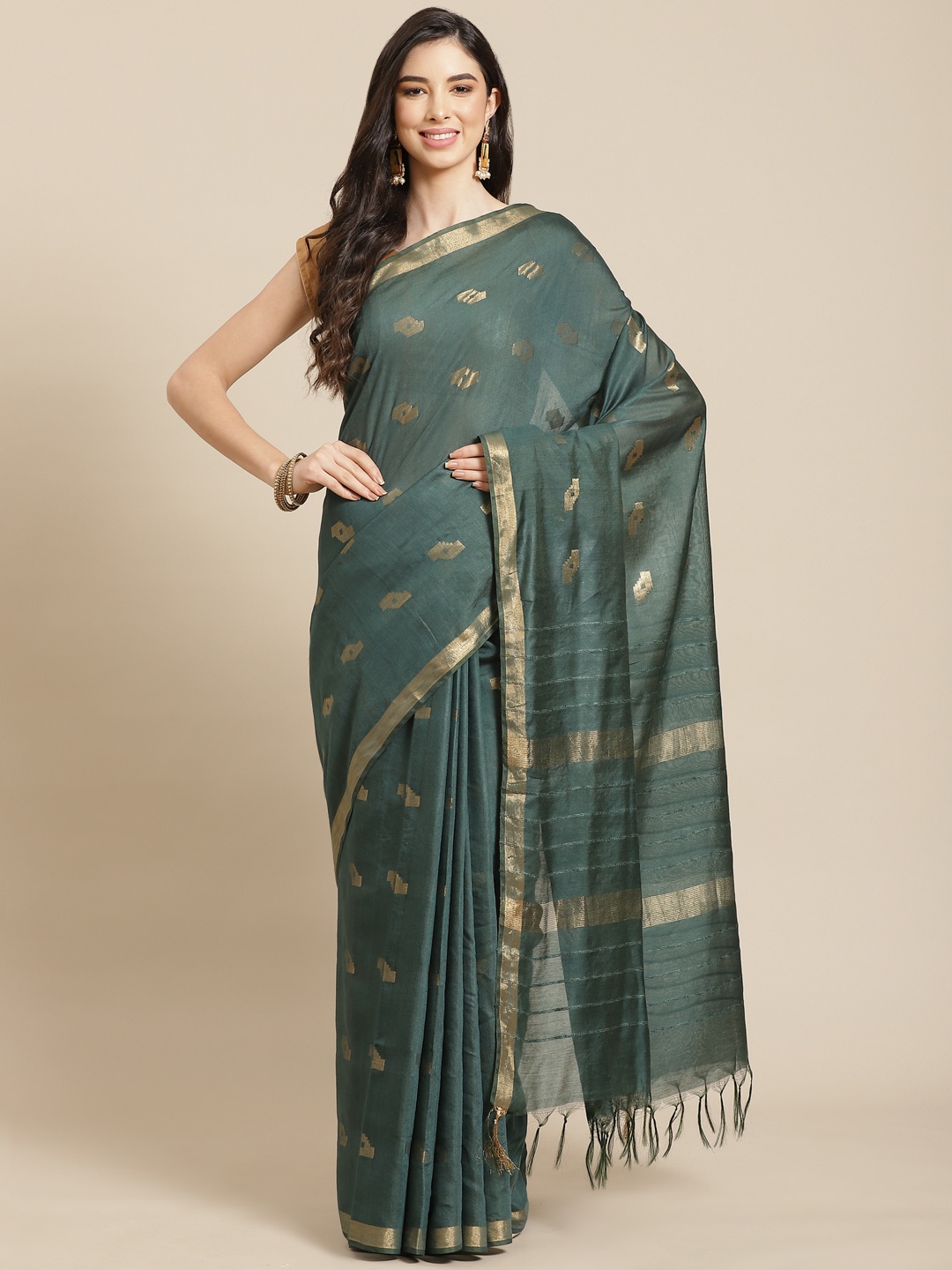 

swatika Teal Green & Golden Ethnic Motifs Zari Silk Blend Bhagalpuri Saree