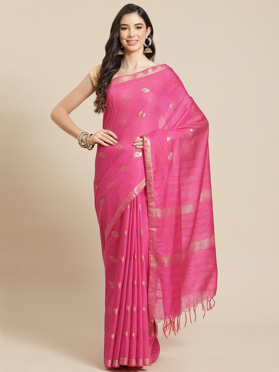 

swatika Pink & Golden Zari Silk Blend Bhagalpuri Handloom Saree & Unstitched Blouse Piece