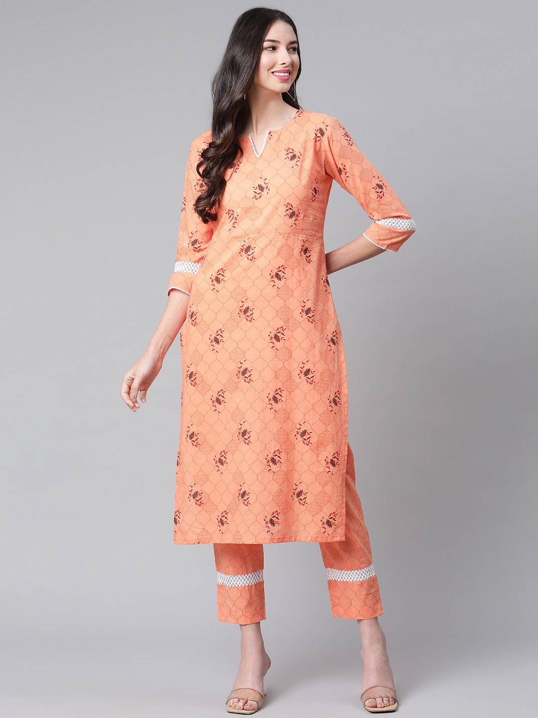 

Indibelle Women Peach-Coloured & Red Pure Cotton Ethnic Motifs Printed Straight Kurta