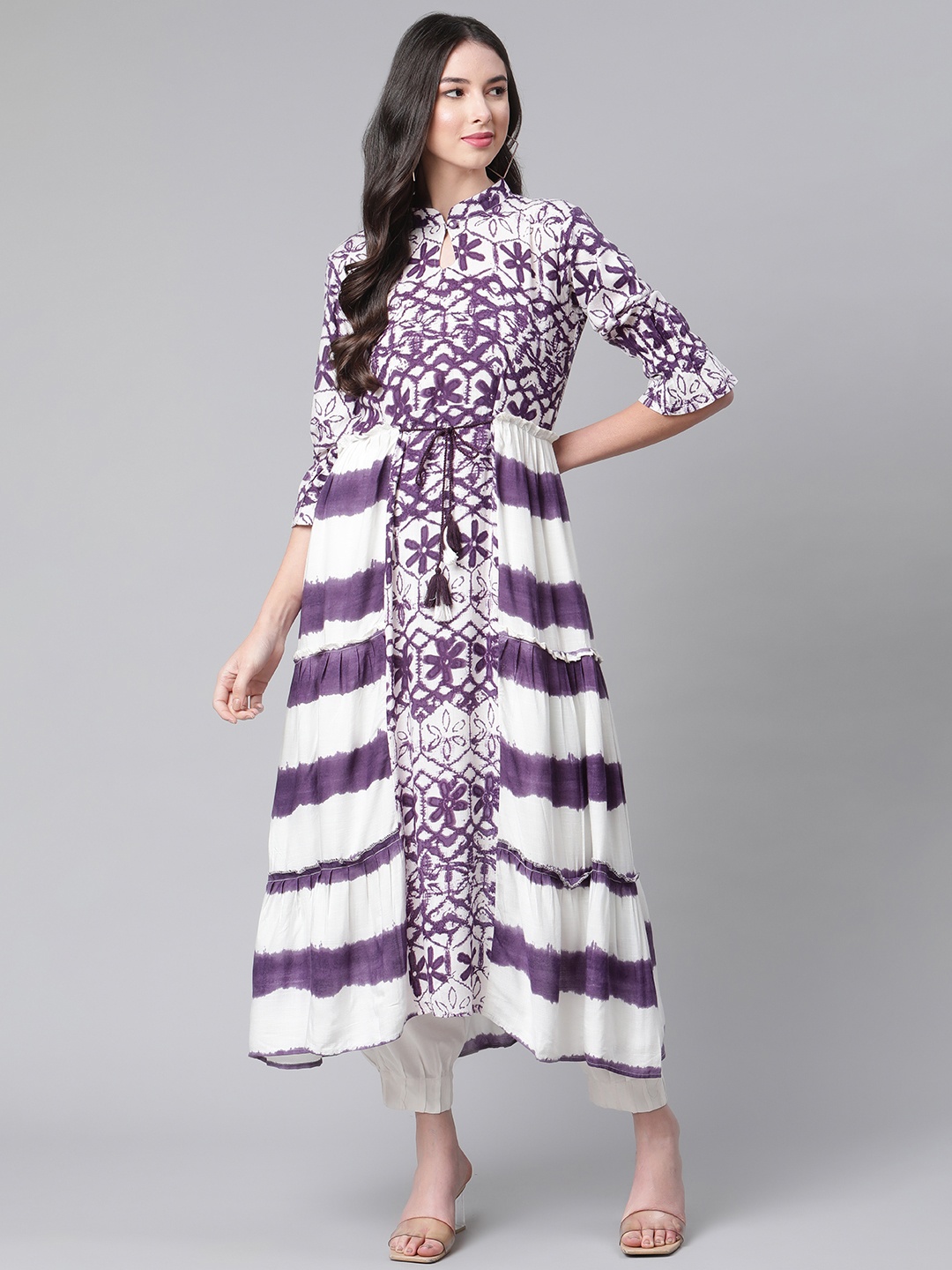 

Indibelle Women Purple & White Ethnic Motifs Print & Dyed Layered A-Line Kurta