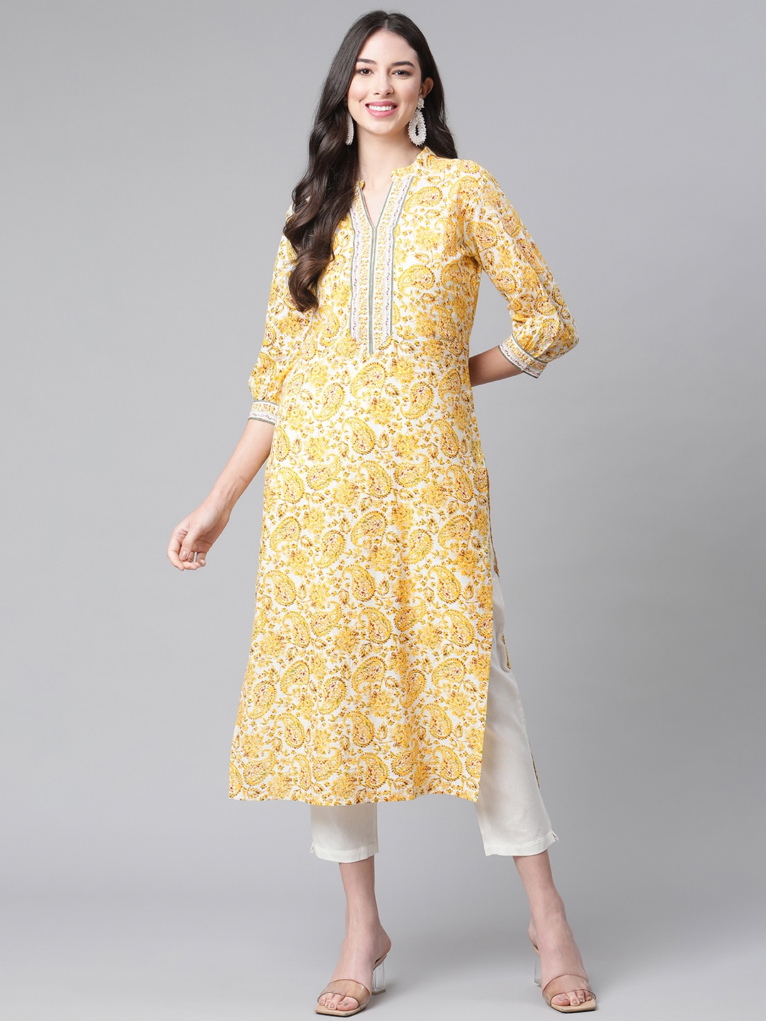 

Indibelle Women Yellow & White Pure Cotton Paisley Printed Straight Kurta