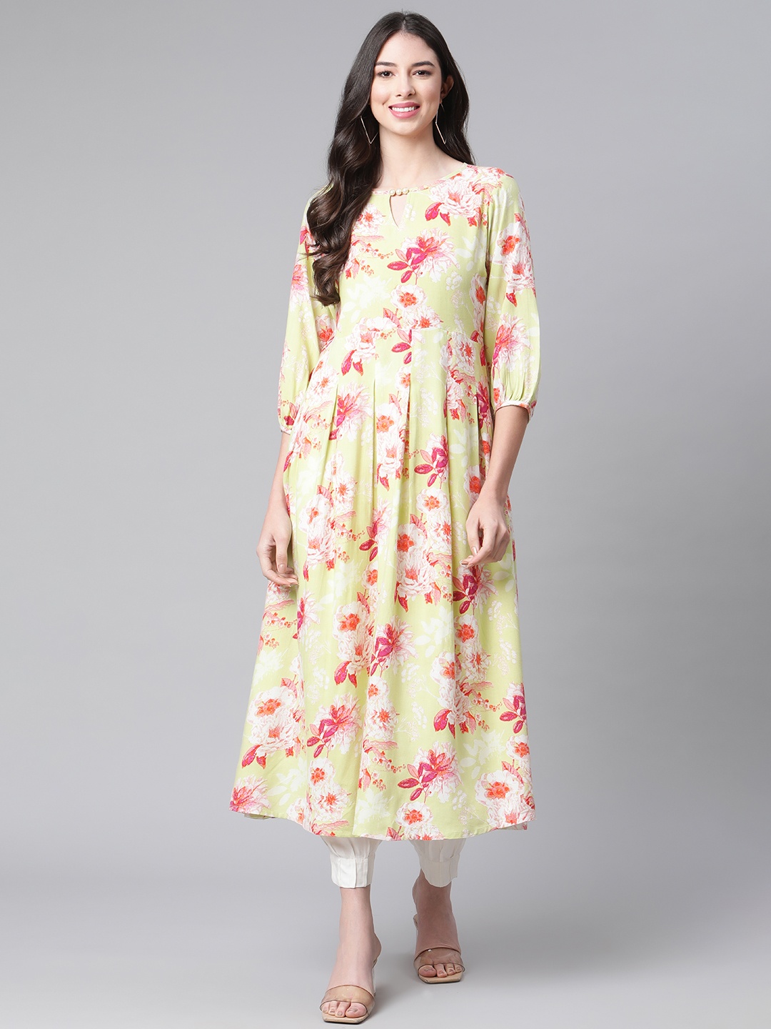 

Indibelle Women Lime Green & Pink Floral Print Keyhole Neck Pleated A-Line Kurta