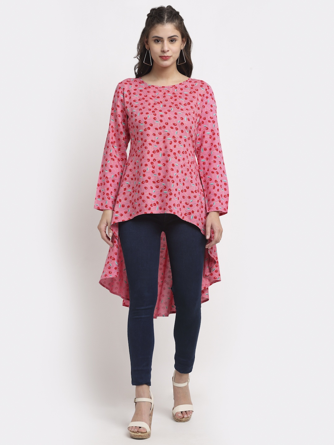 

BRINNS Women Pink & Red Conversational Print Longline High-Low Top