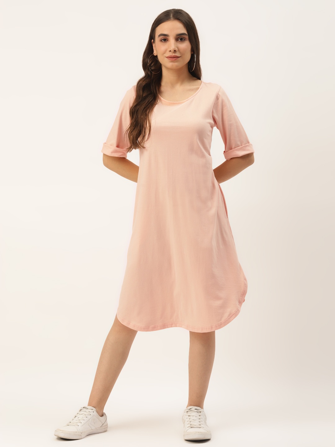 

BRINNS Peach-Coloured Pure Cotton Solid A-Line Dress