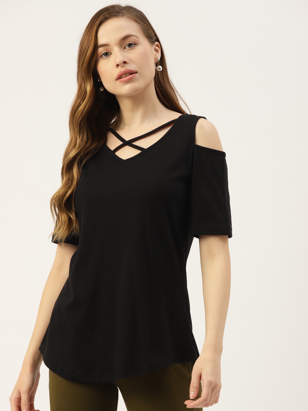 

BRINNS Women Black Cotton Solid Cold-Shoulder Sleeves Top