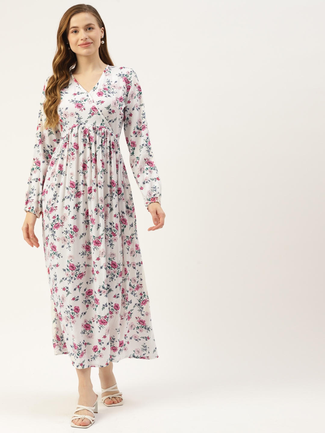 

BRINNS White & Pink Floral Print Puff Sleeves Maxi Dress