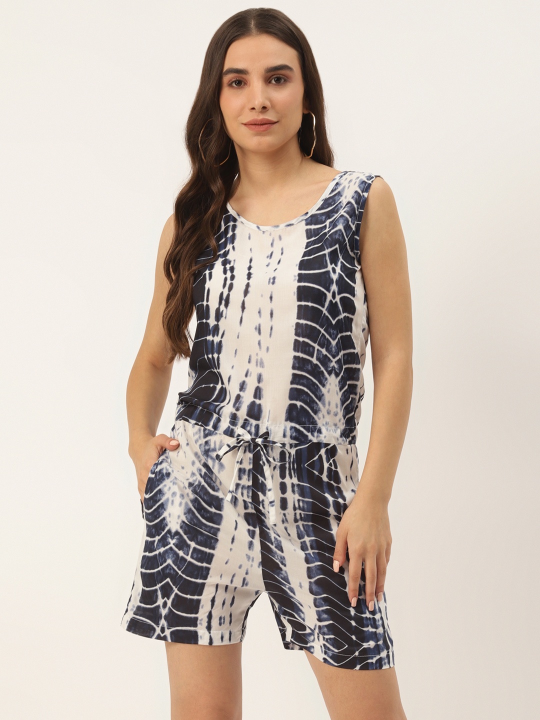 

BRINNS Navy Blue & White Tie-Dye Print Above Knee Length Jumpsuit