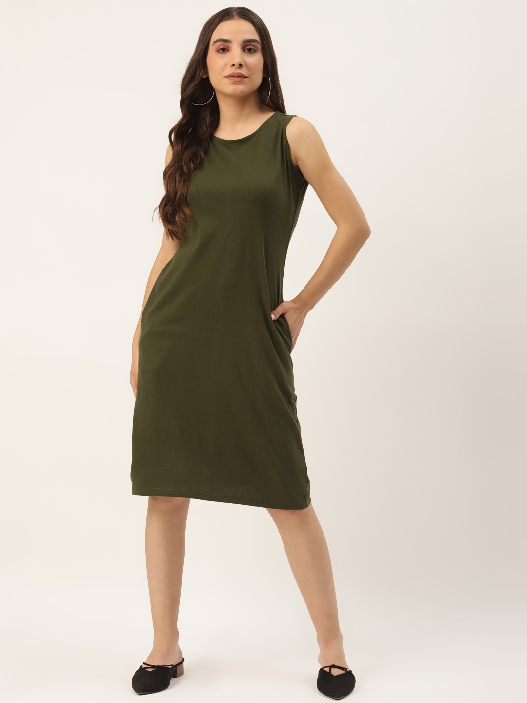 

BRINNS Olive Green Pure Cotton Solid A-Line Dress