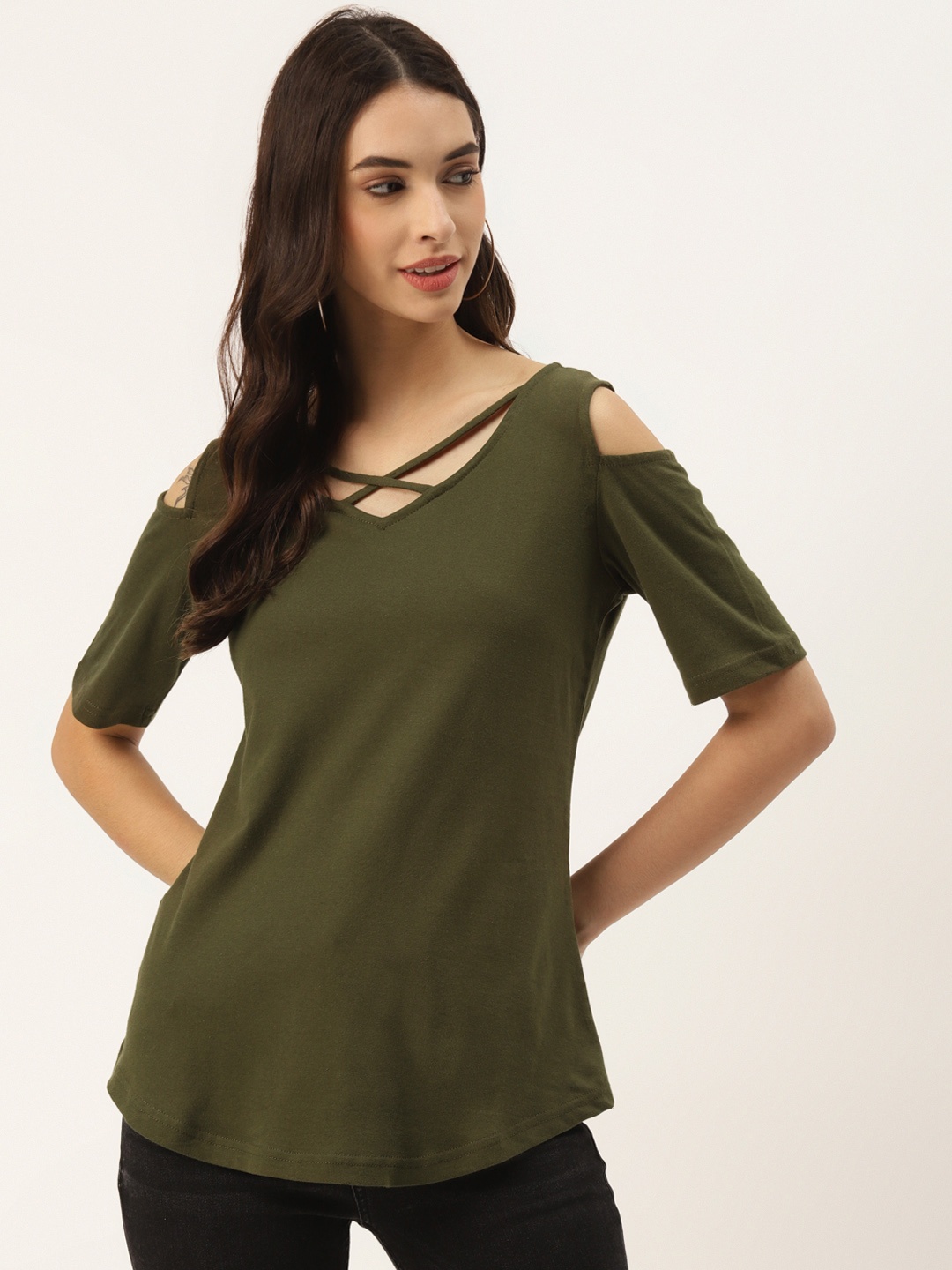 

BRINNS Women Olive Green Cotton Solid Cold-Shoulder Sleeves Top