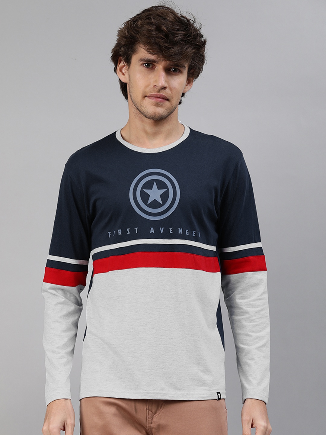 

The Souled Store Men Navy Blue & Grey Captain America Colourblocked T-shirt