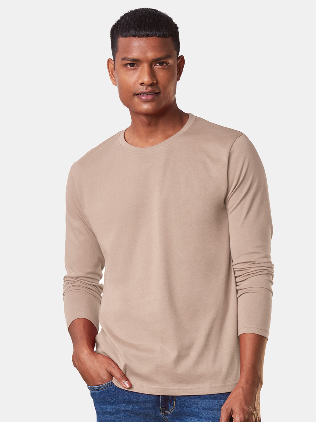 

The Souled Store Men Beige Solid Round-Neck T-shirt