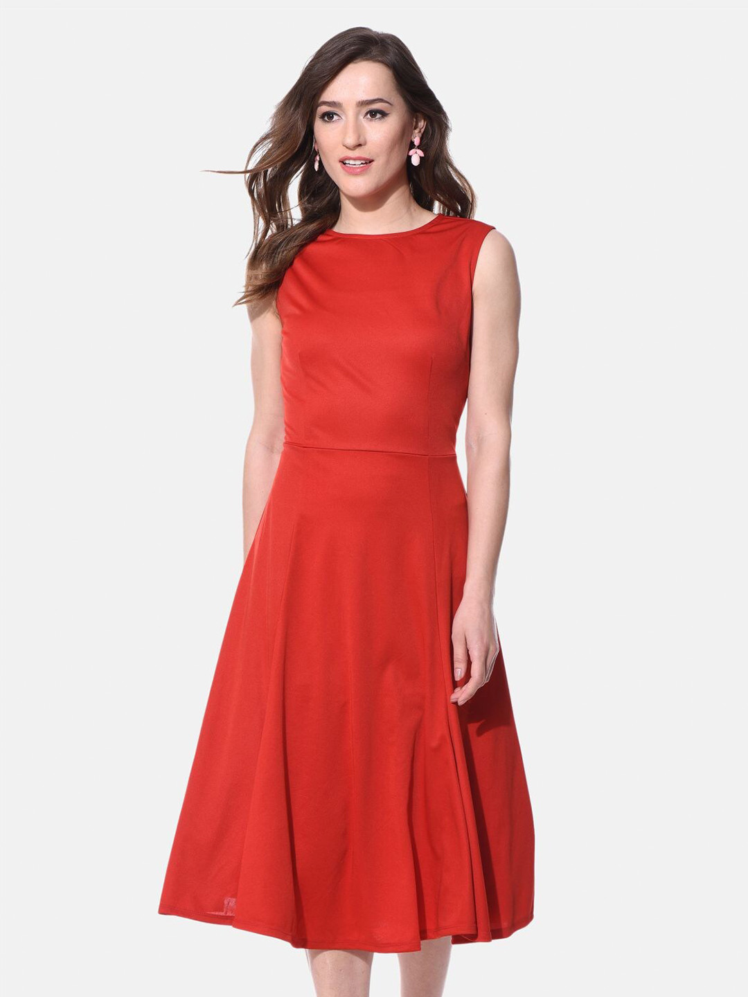 

AARA Red Solid Pleated Fit & Flare Dress