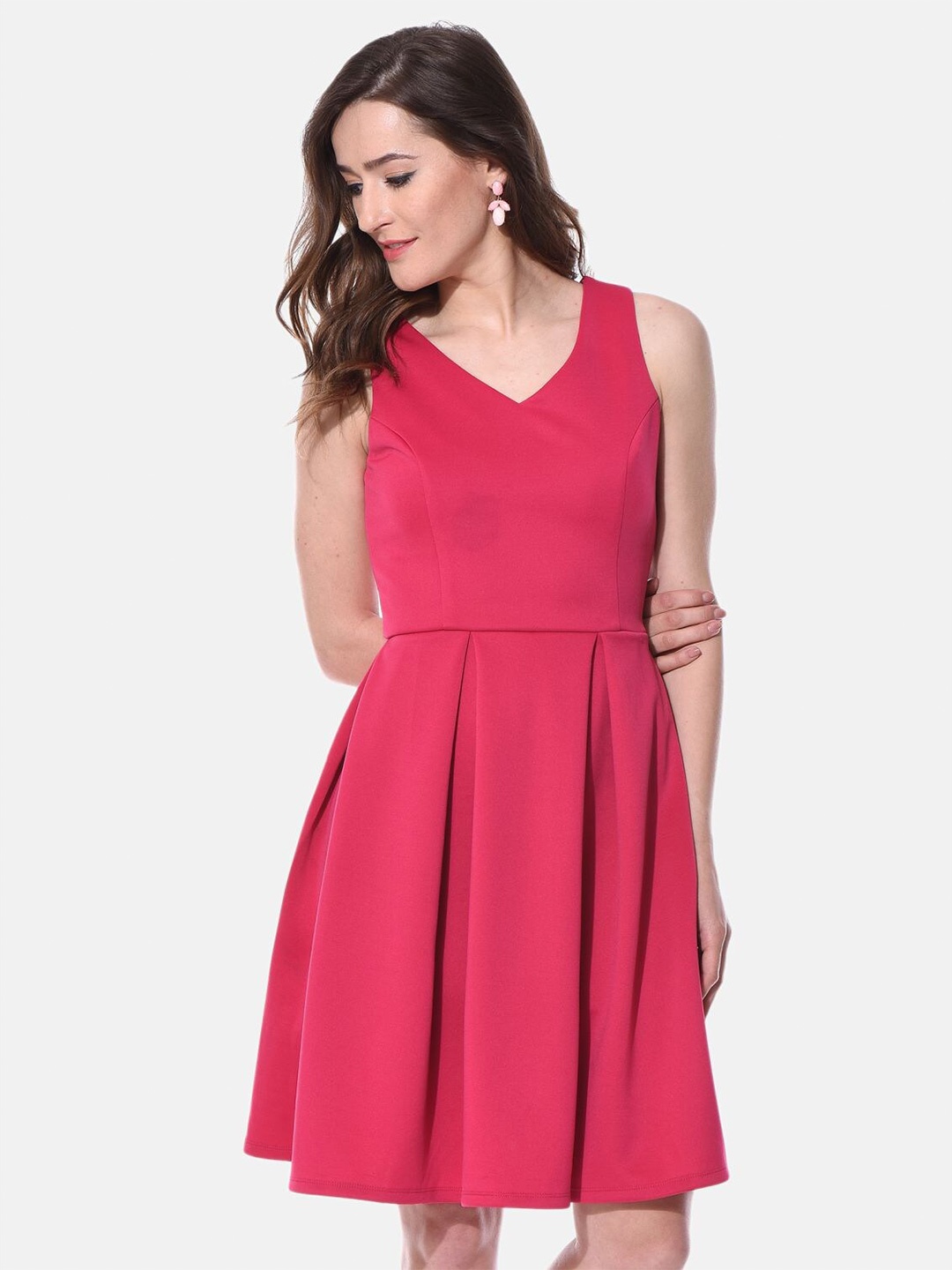

AARA Pink Solid Pleated Fit & Flare Dress