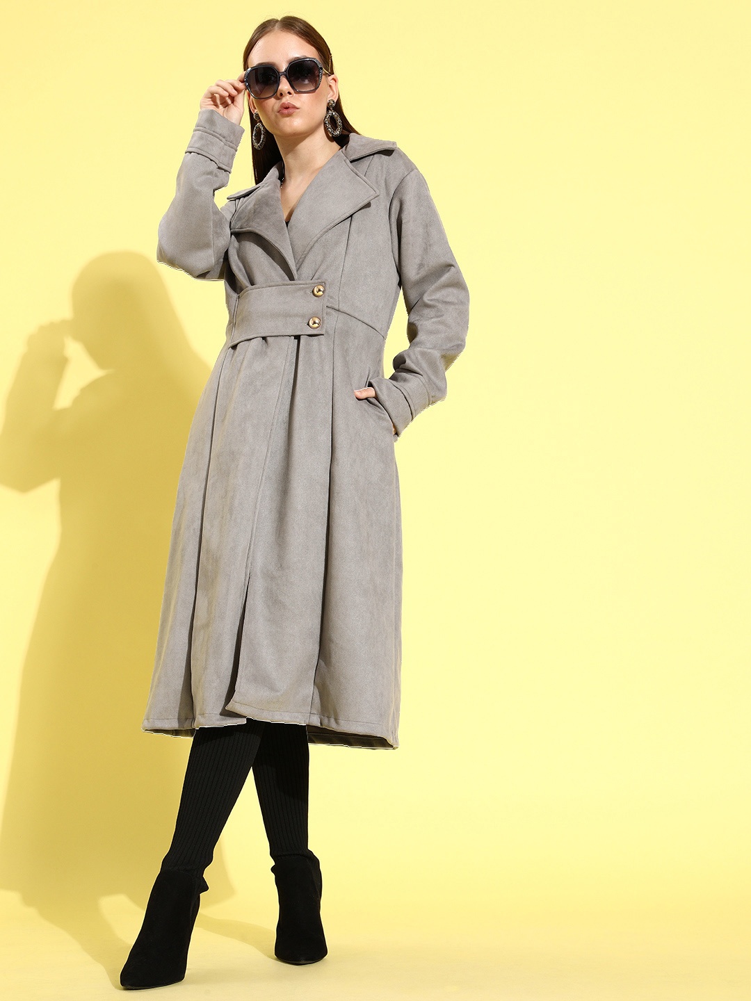 

Athena Women Grey Solid Suede Trench Coat