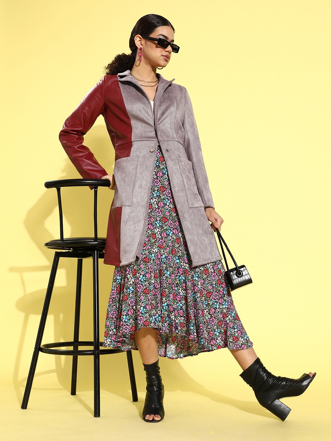 

Athena Women Grey & Maroon Colourblocked Knee Length Suede Trench Coat