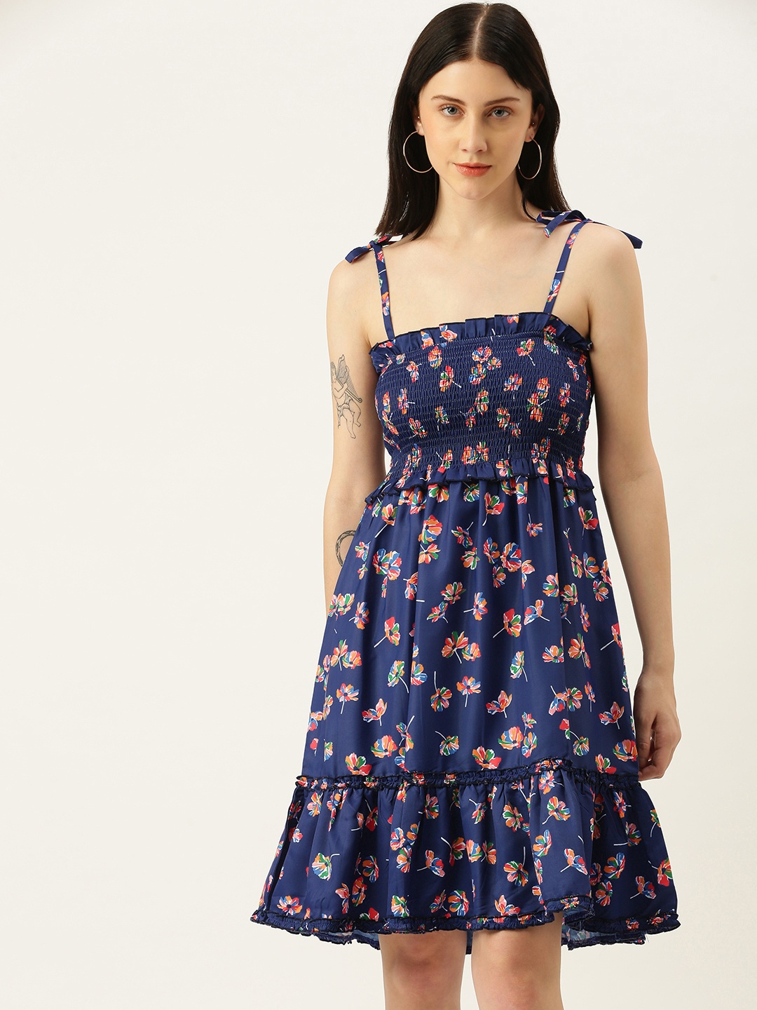 

Yuvraah Multicoloured Smocked Floral Printed Dress, Multi