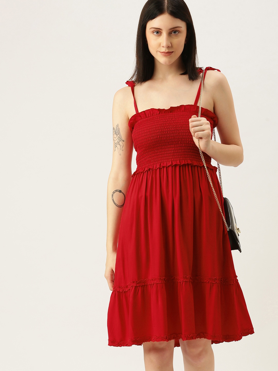 

Yuvraah Red Smocked Solid Dress