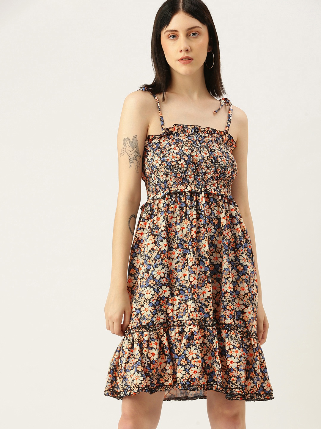 

Yuvraah Multicoloured Smocked Floral Printed Dress, Multi