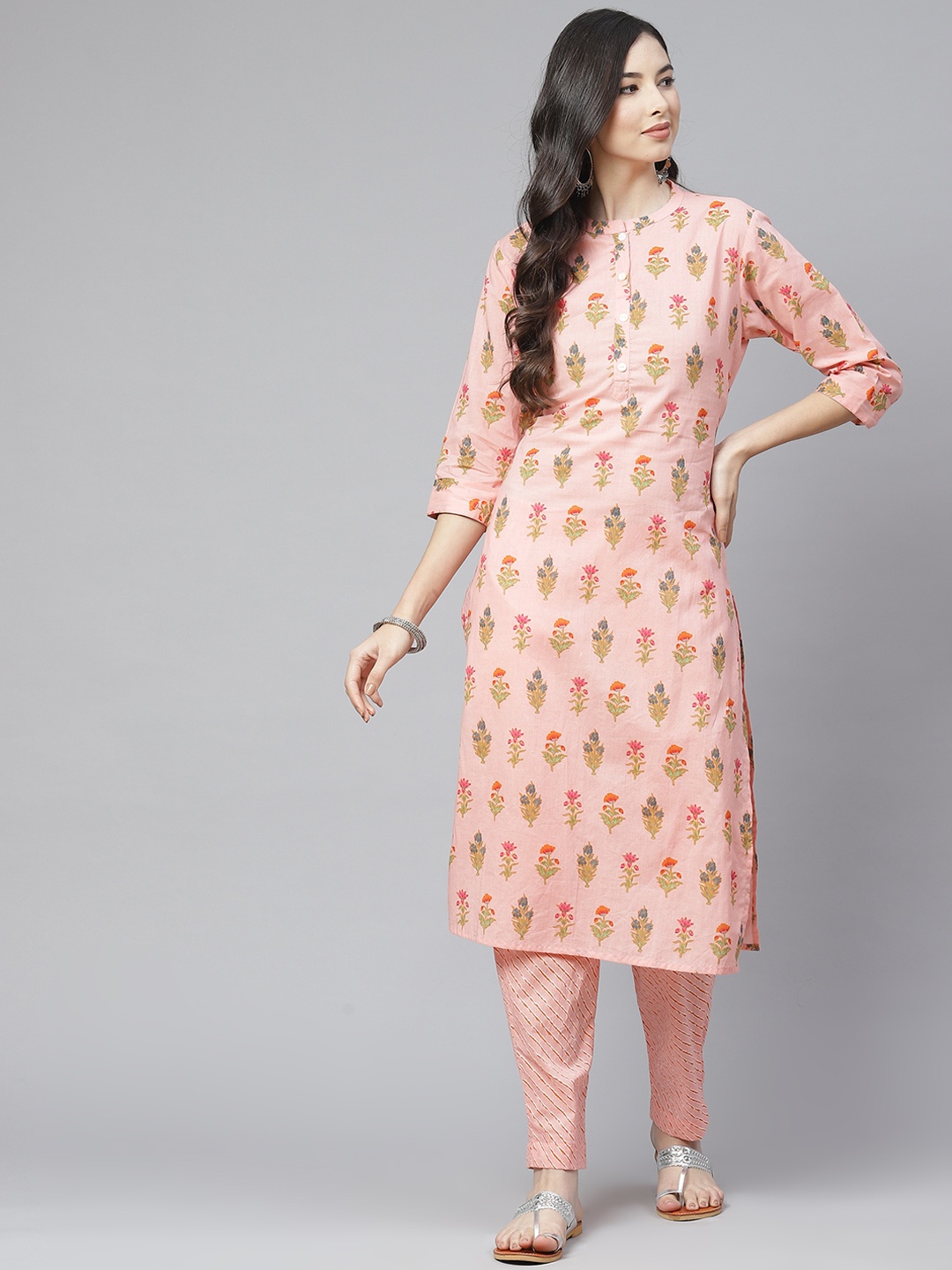 

ESME Women Pink Floral Printed Regular Pure Cotton Kurta with Trousers