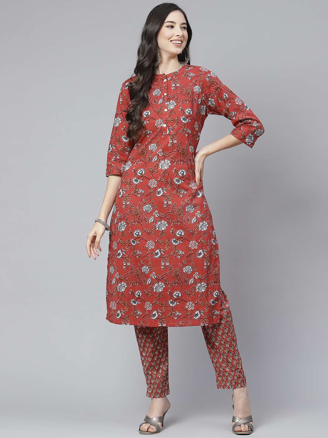 

ESME Women Red Floral Printed Regular Pure Cotton Kurta with Trousers