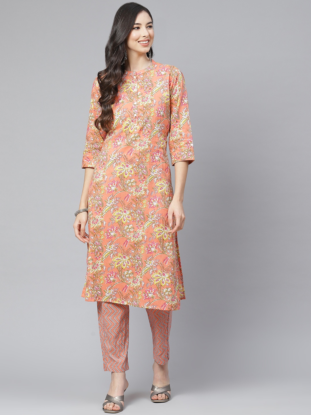 

ESME Women Pink Floral Printed Regular Pure Cotton Kurta with Trousers