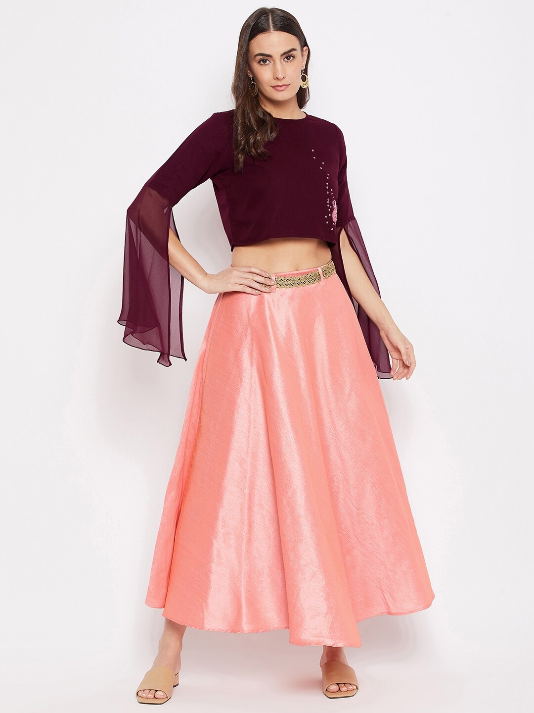 

Bitterlime Women Maroon & Pink Embellished Crop Top With Skirt
