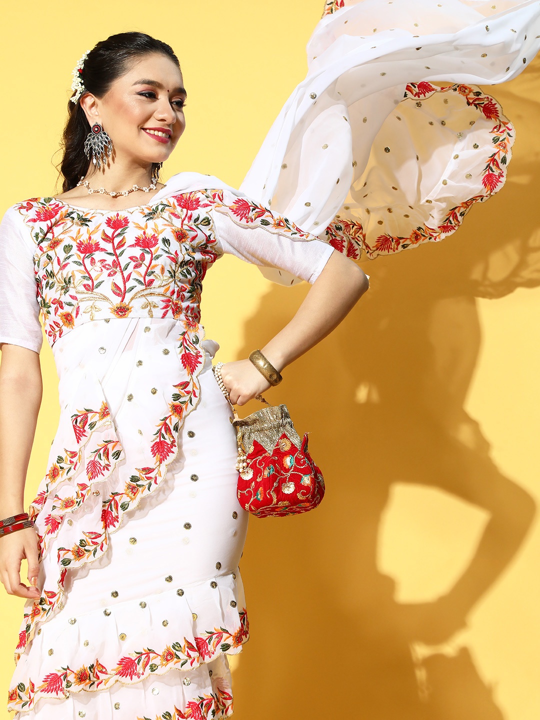 

Mitera Ethnic Motifs Pure-Georgette Saree with Embroidered Border, White