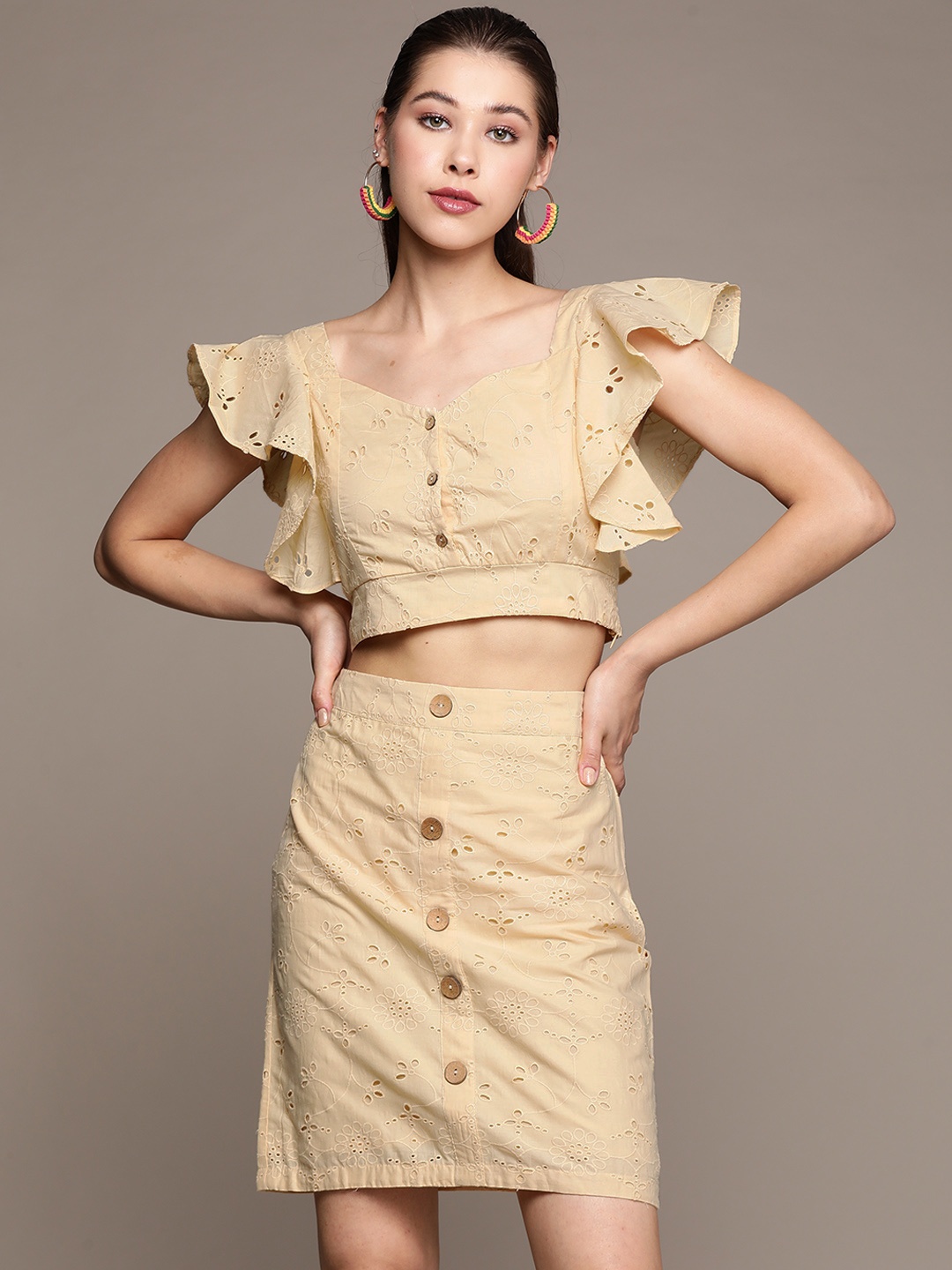 

Label Ritu Kumar Women Beige Schiffli Top with Skirt