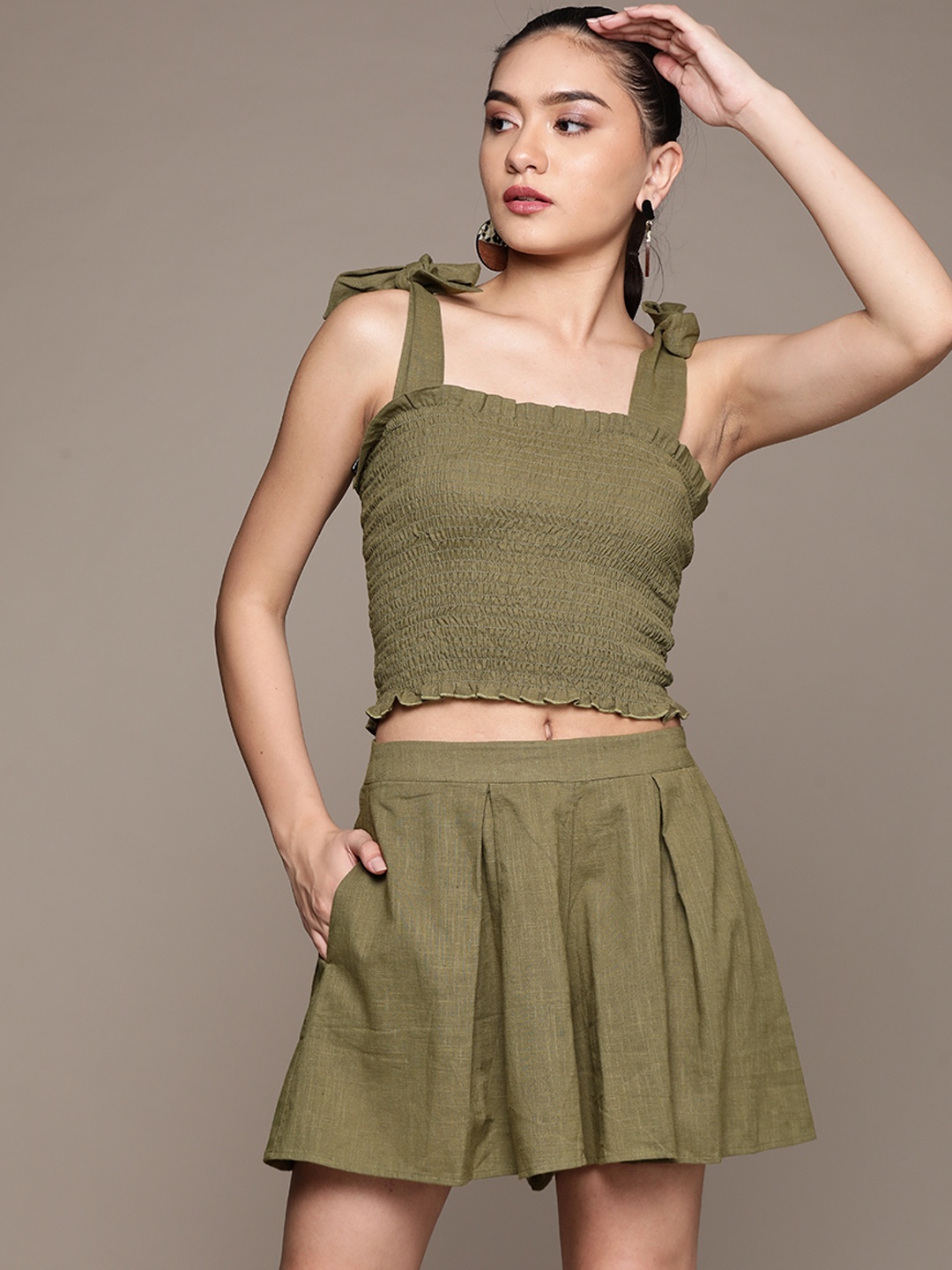 

Label Ritu Kumar Women Olive Green Top with Skirt