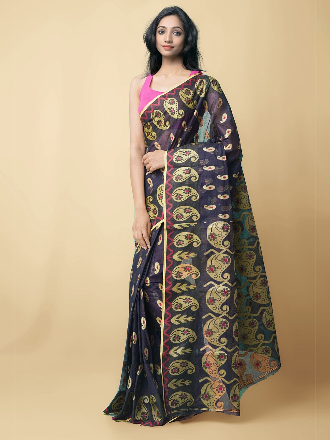 

Unnati Silks Women Blue & Gold-Toned Pure Handloom Bengal Tant Cotton Sustainable Saree