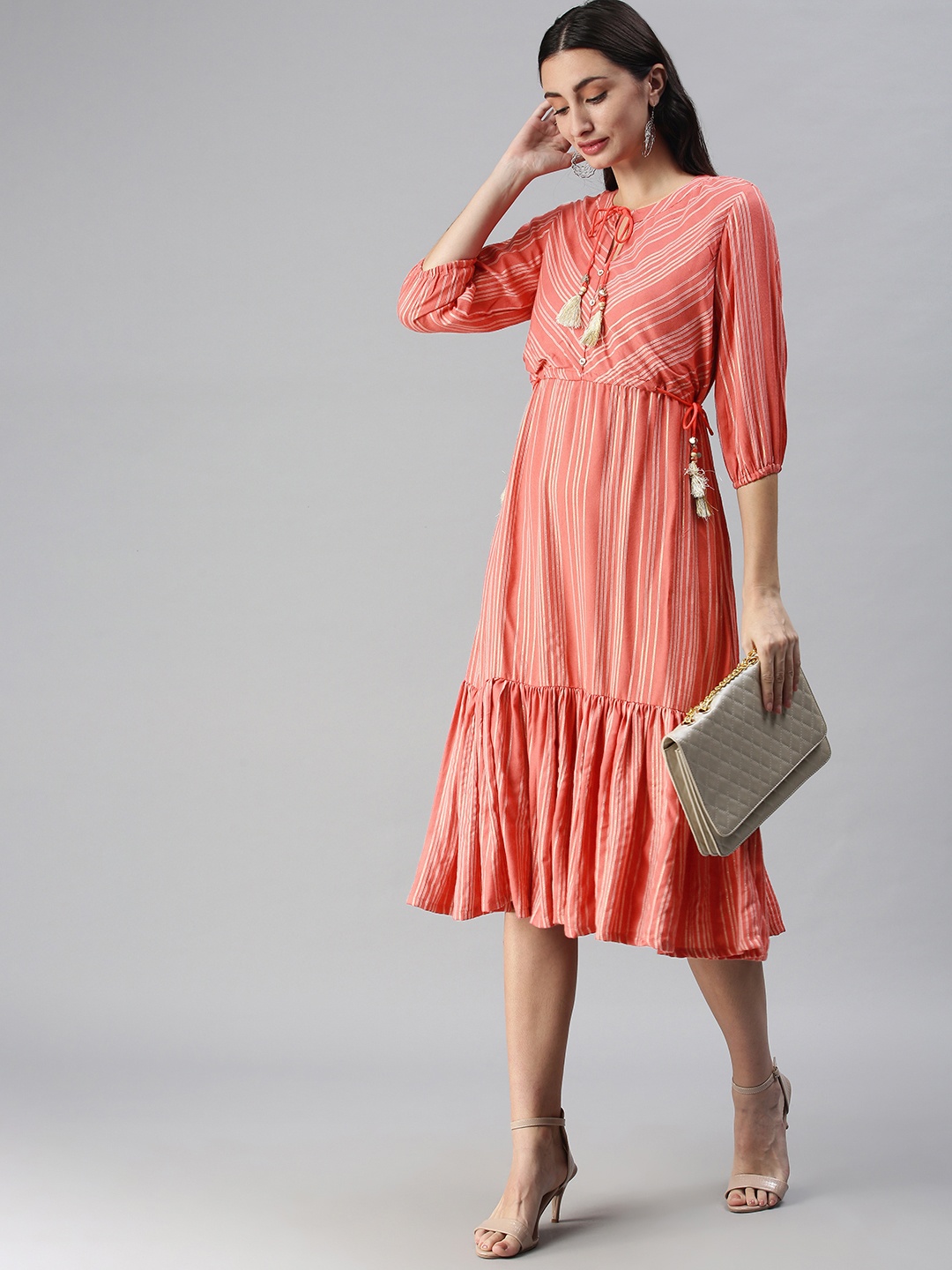 

ETIQUETTE Peach-Coloured Striped Tie-Up Neck A-Line Dress