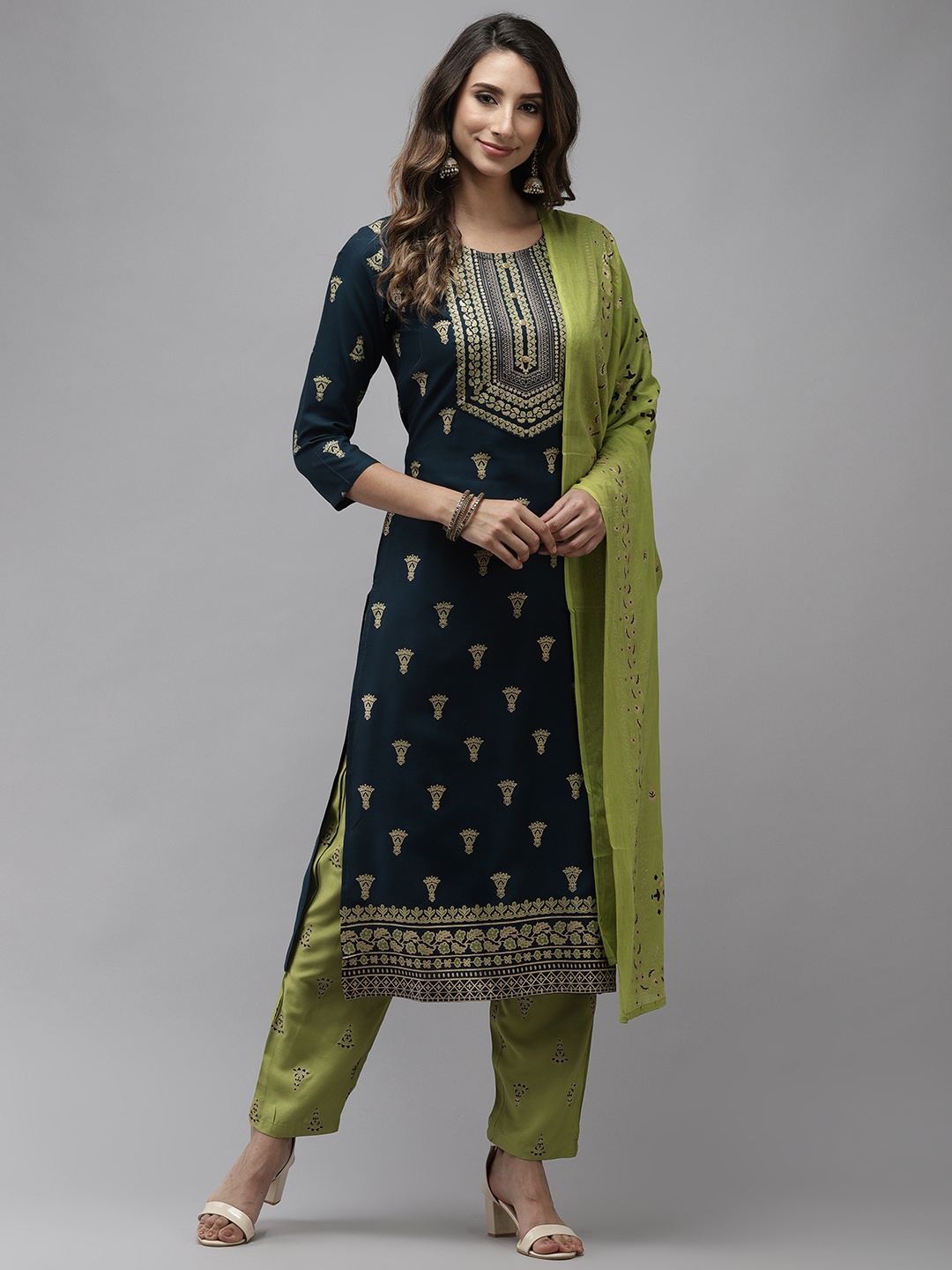 

Yufta Women Navy Blue & Green Ethnic Motifs Printed Regular Kurta with Trousers & Dupatta