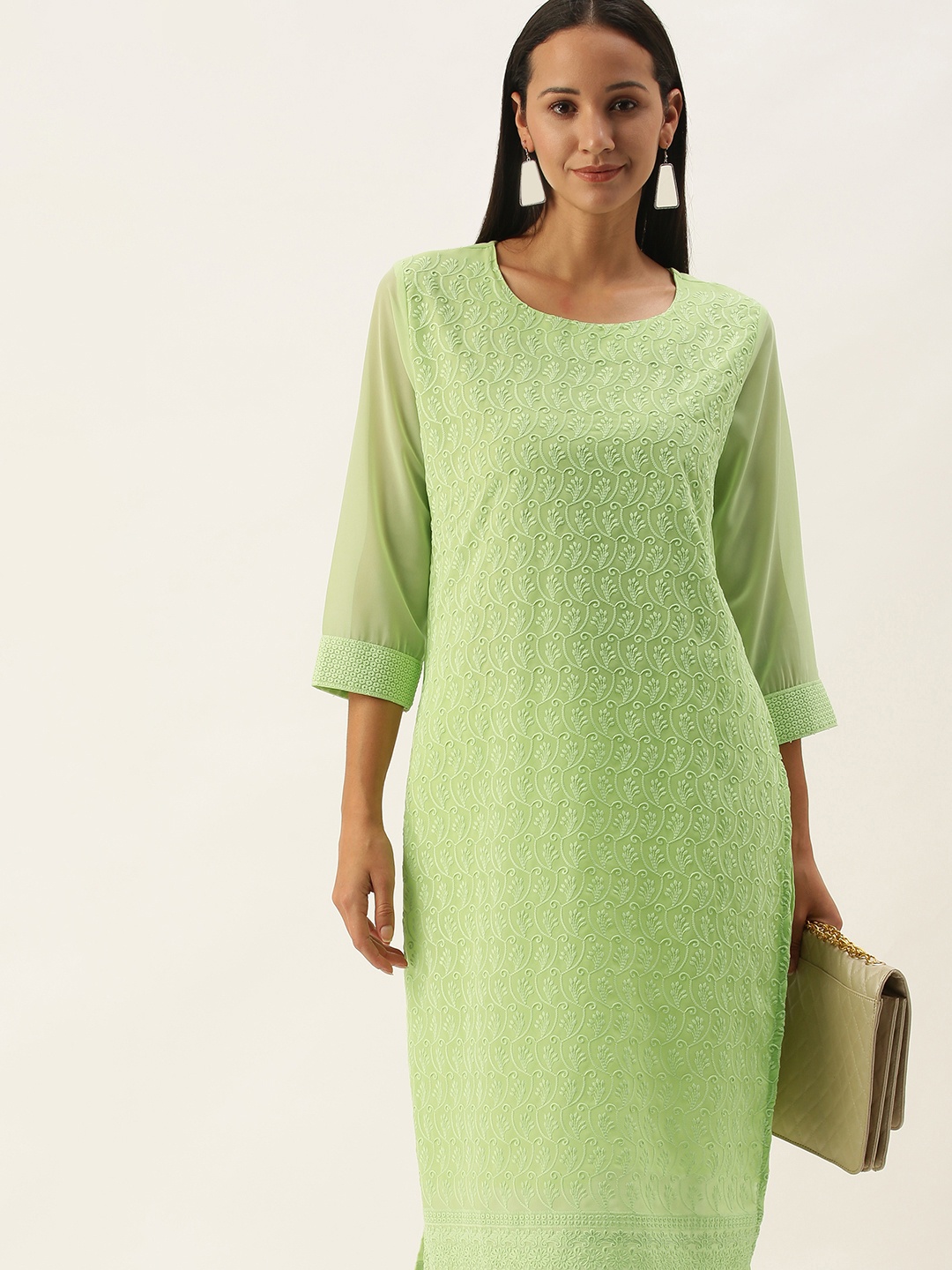 

SWAGG INDIA Women Green Embroidered Chikankari Georgette Kurta