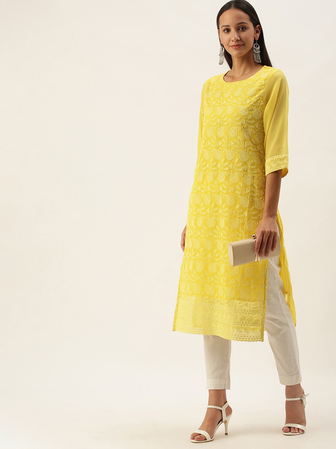 

SWAGG INDIA Women Yellow Paisley Embroidered Chikankari Georgette Kurta