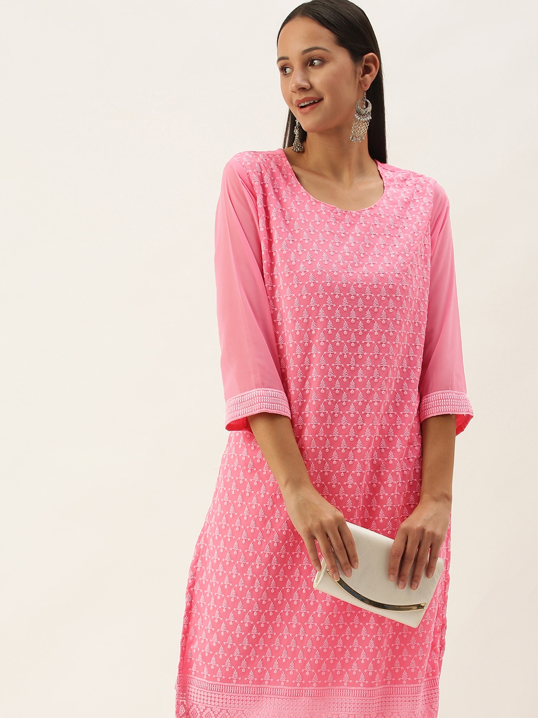 

SWAGG INDIA Women Pink Embroidered Chikankari Georgette Kurta