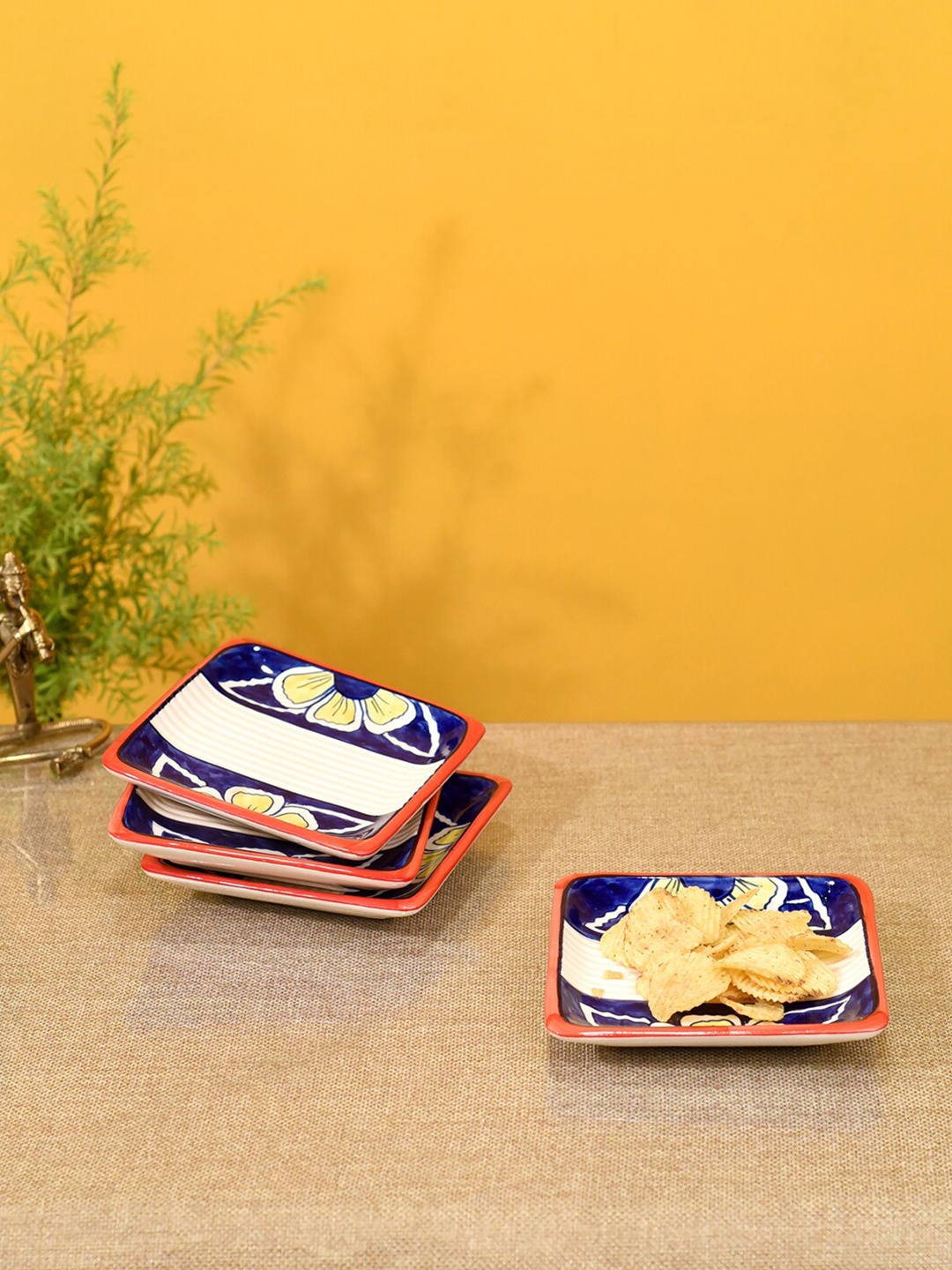

AAKRITI ART CREATIONS Pack Of 4 Blue Printed Flowers of Ecstasy Ceramic Serving Plates
