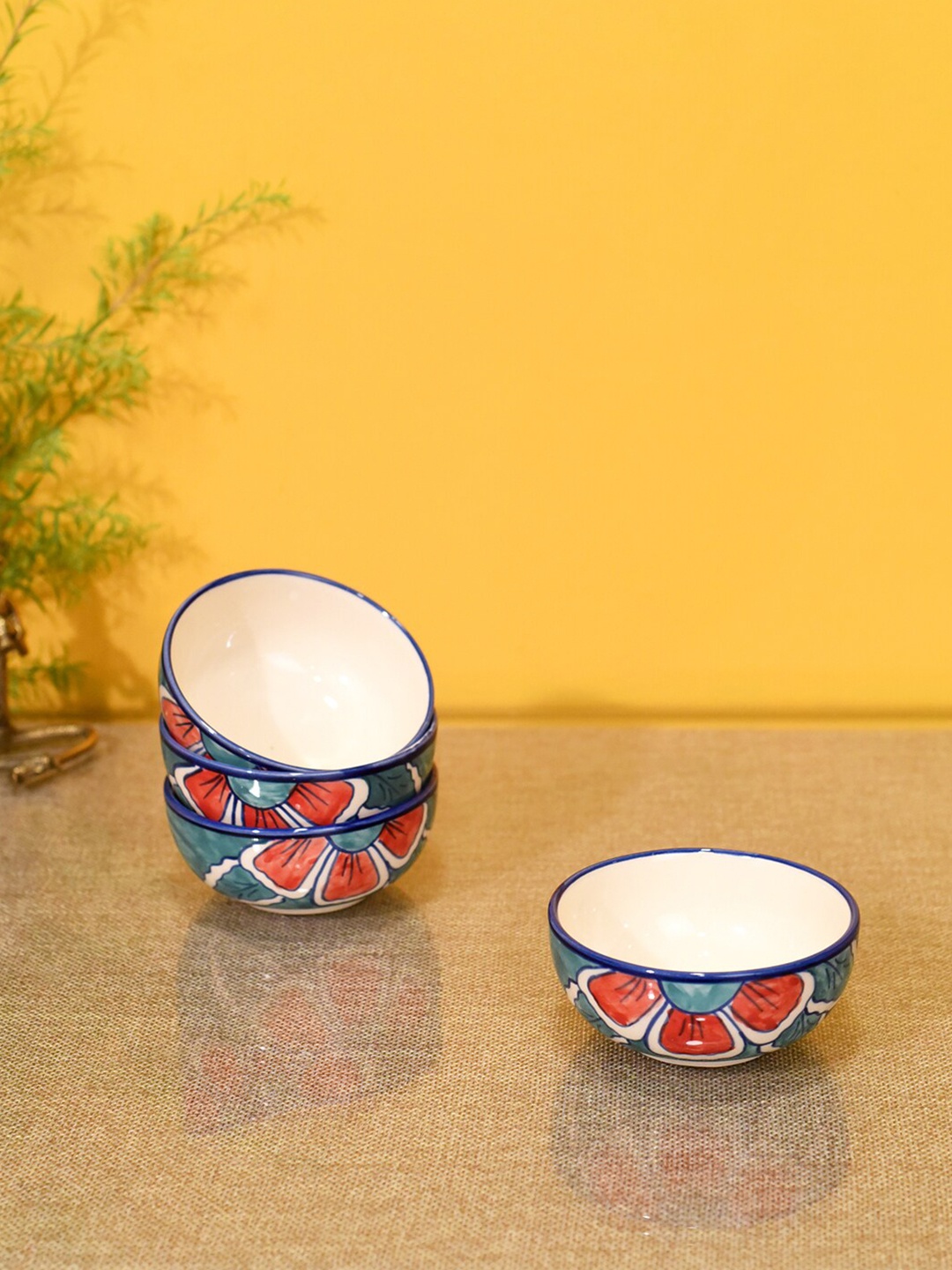 

AAKRITI ART CREATIONS Set Of 4 Blue Printed Flowers of Ecstasy Sweet Bowls