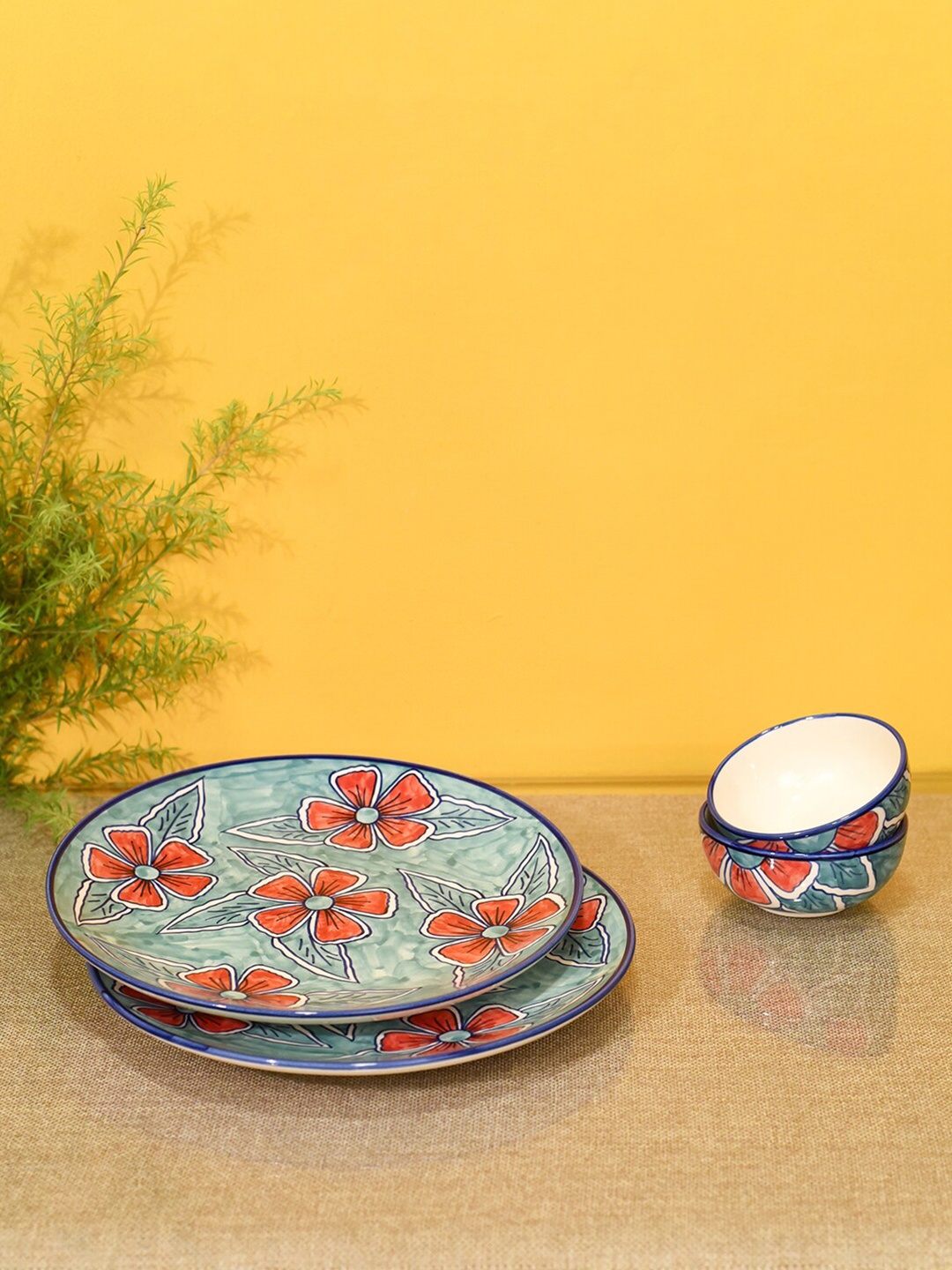 

AAKRITI ART CREATIONS Turquoise Blue & Red 4 Pieces Printed Ceramic Matte Plates and Bowls