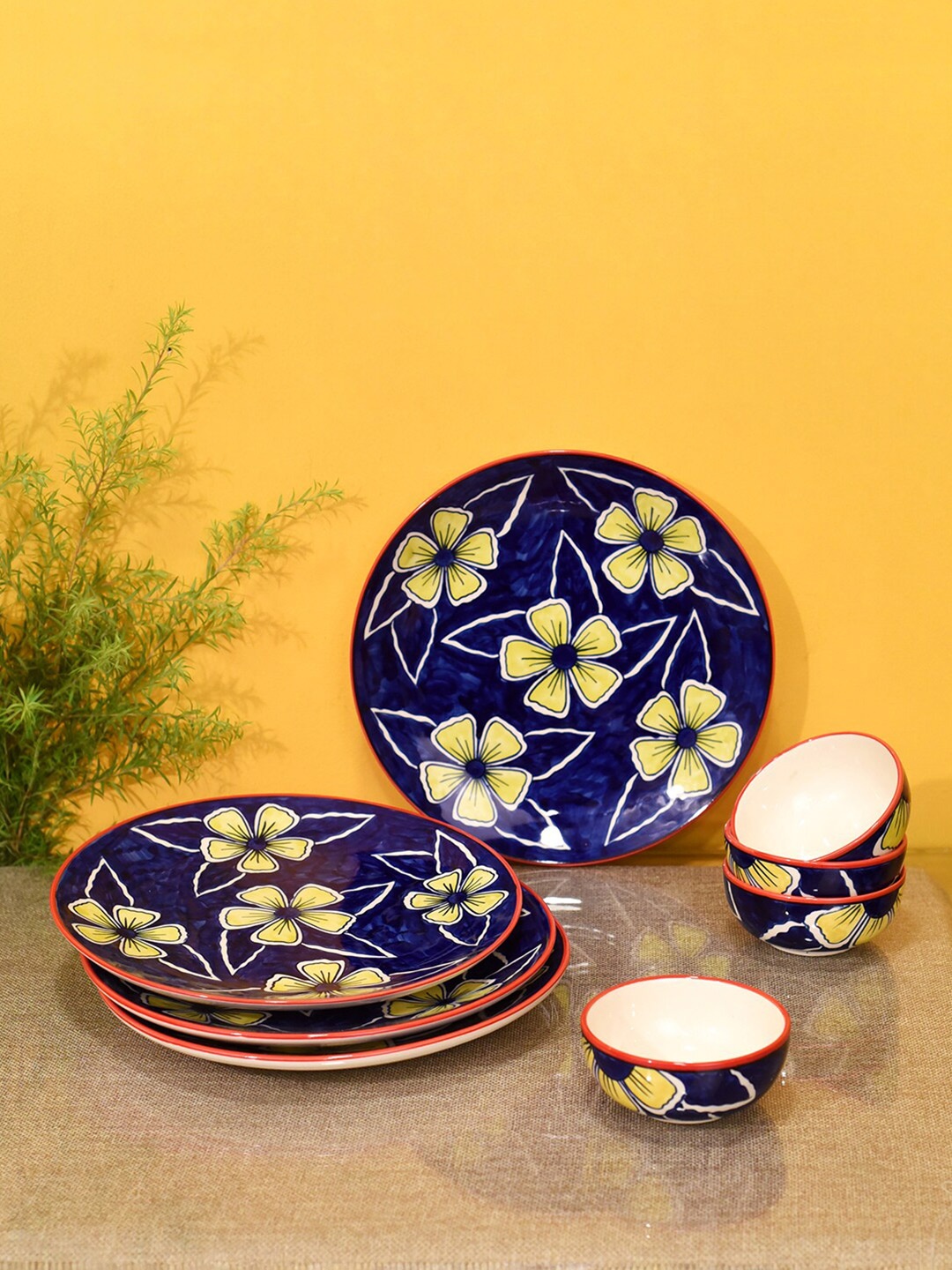 

AAKRITI ART CREATIONS Blue & Yellow 8 Pieces Azure Floral Ceramic Glossy Plates & Bowls